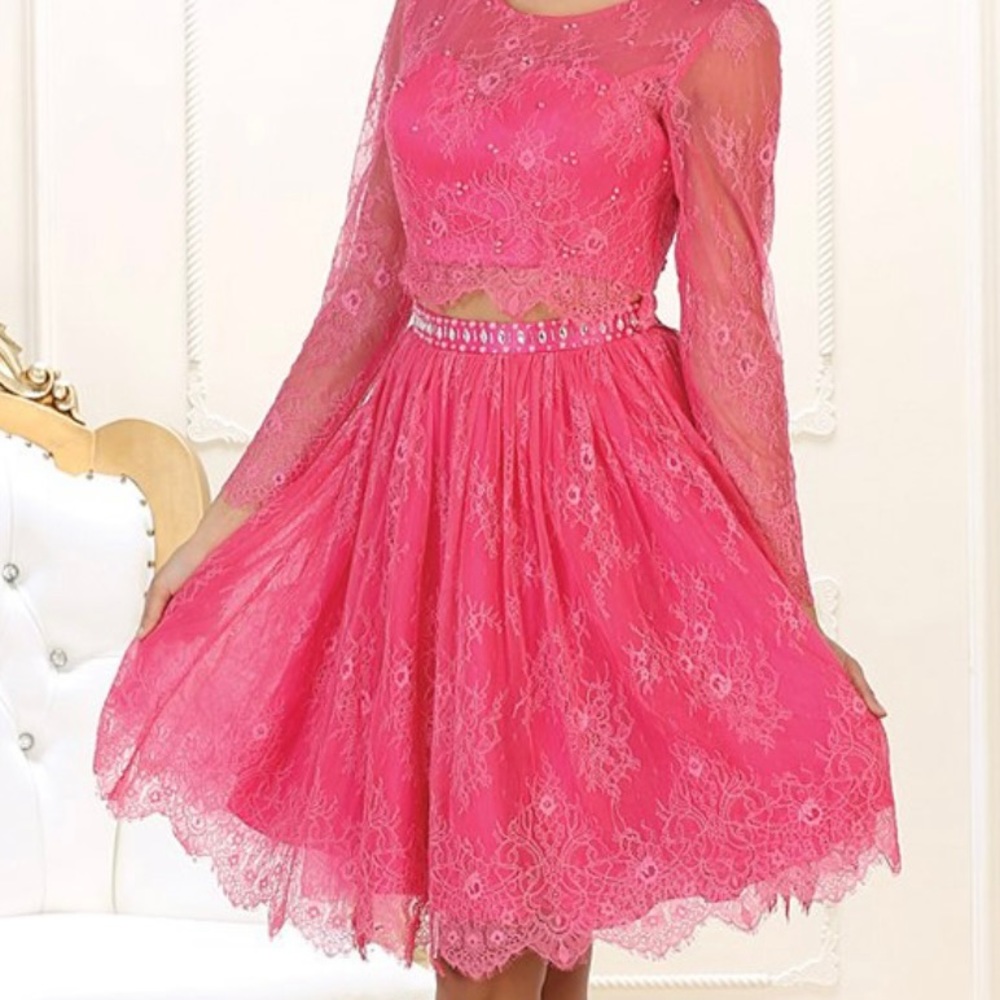 Hot pink Lace-Overlay long sleeve dress